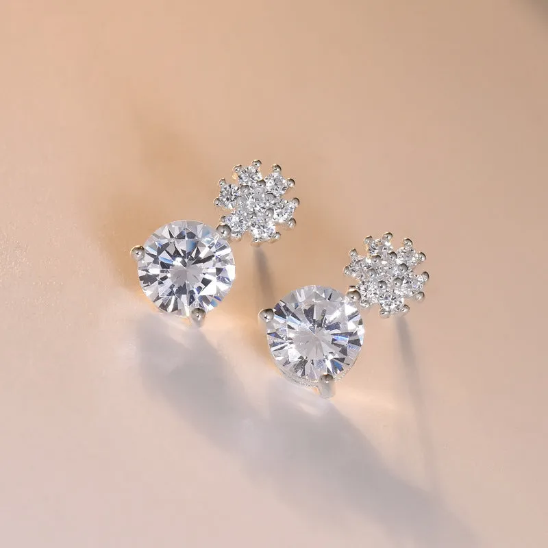 Round Zircon with Flower Silver Stud Earrings for Women