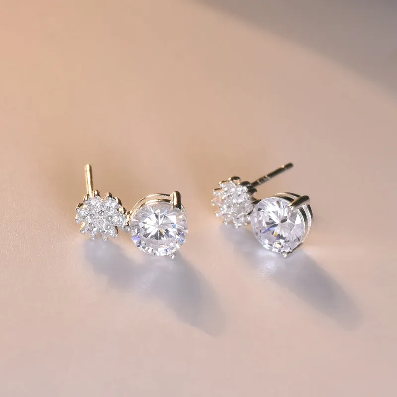 Round Zircon with Flower Silver Stud Earrings for Women