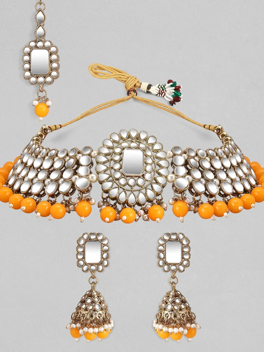 Rubans Gold Plated Mirror Studded Yellow Beads Necklace Set.