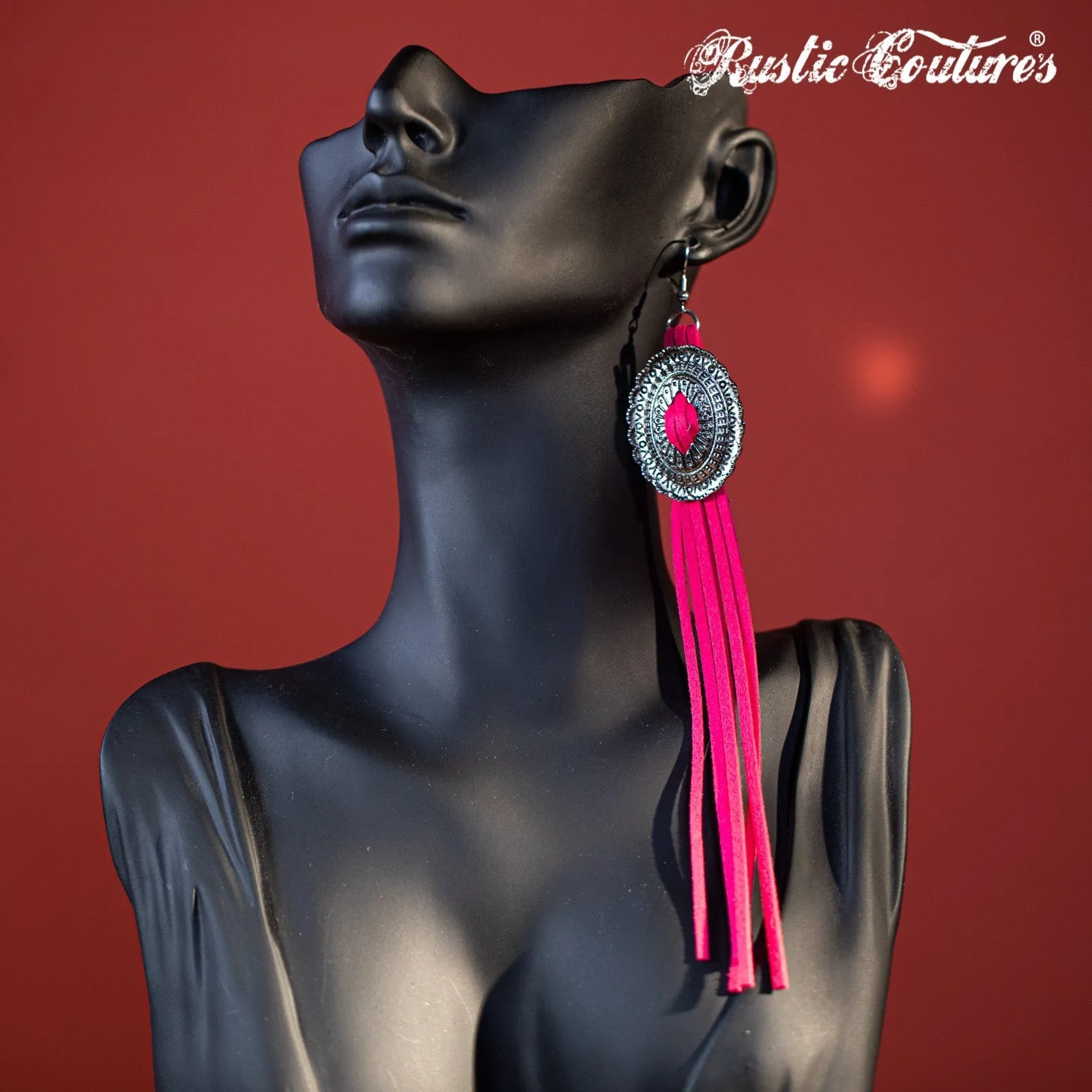 Rustic Couture's Navajo Concho Long Suede Fringe Dangle Hook Statement Earrings