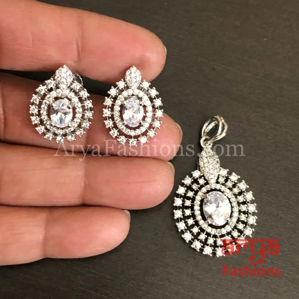 Sahi Silver Cubic Zirconia Ethnic Pendant with Stud Earrings