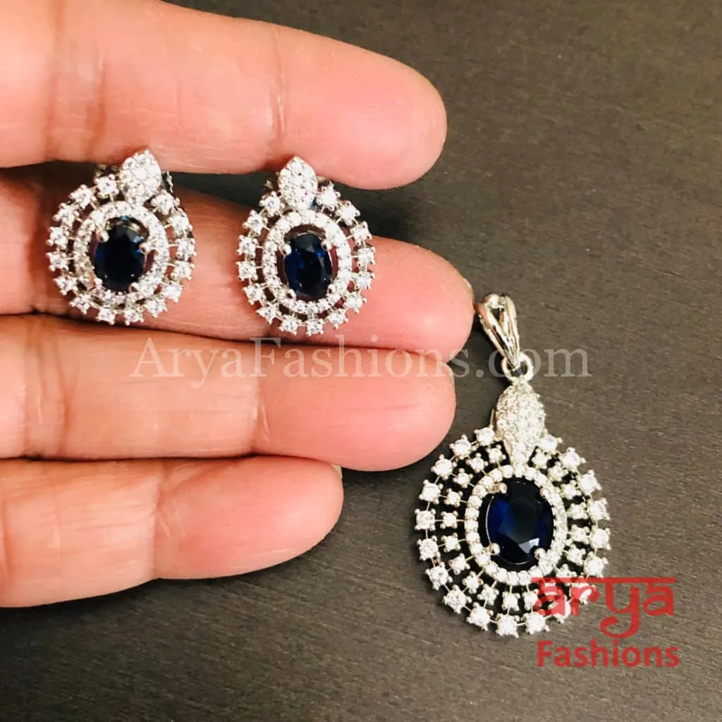 Sahi Silver Cubic Zirconia Ethnic Pendant with Stud Earrings