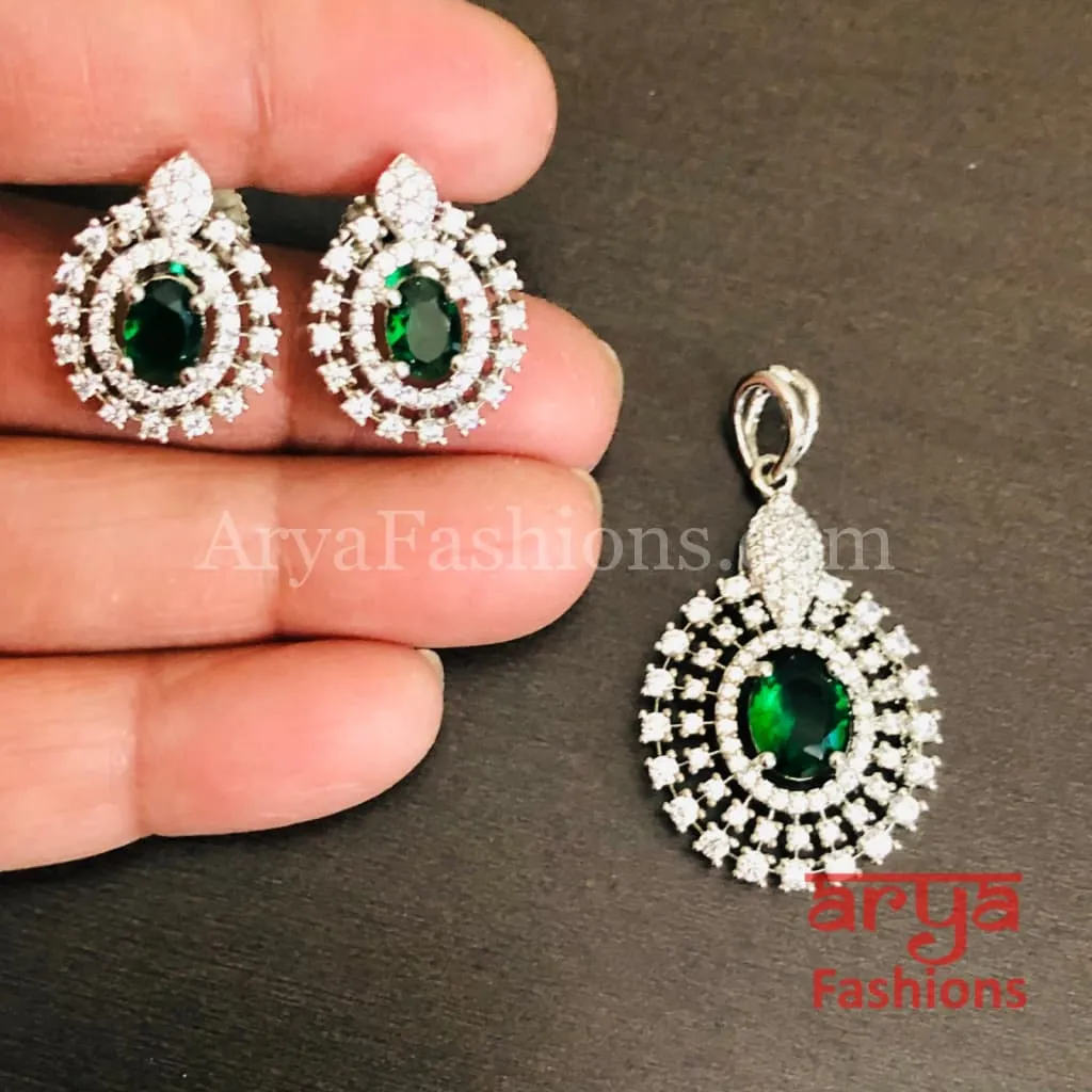 Sahi Silver Cubic Zirconia Ethnic Pendant with Stud Earrings