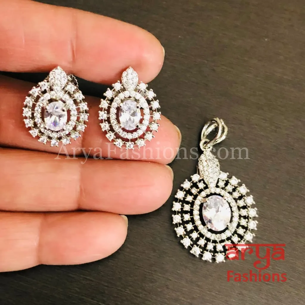 Sahi Silver Cubic Zirconia Ethnic Pendant with Stud Earrings