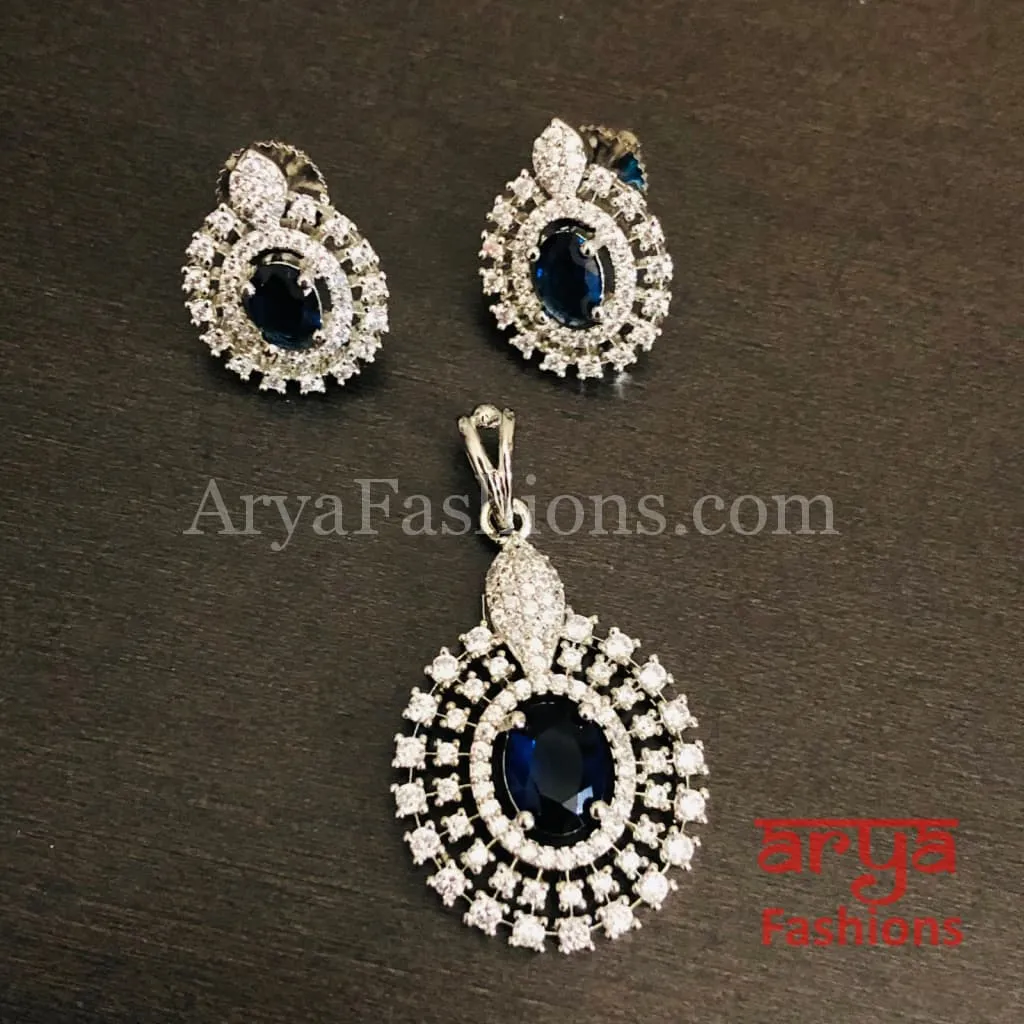 Sahi Silver Cubic Zirconia Ethnic Pendant with Stud Earrings