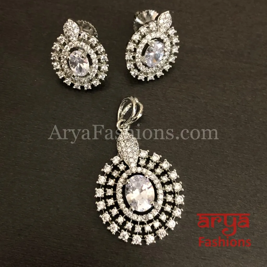 Sahi Silver Cubic Zirconia Ethnic Pendant with Stud Earrings