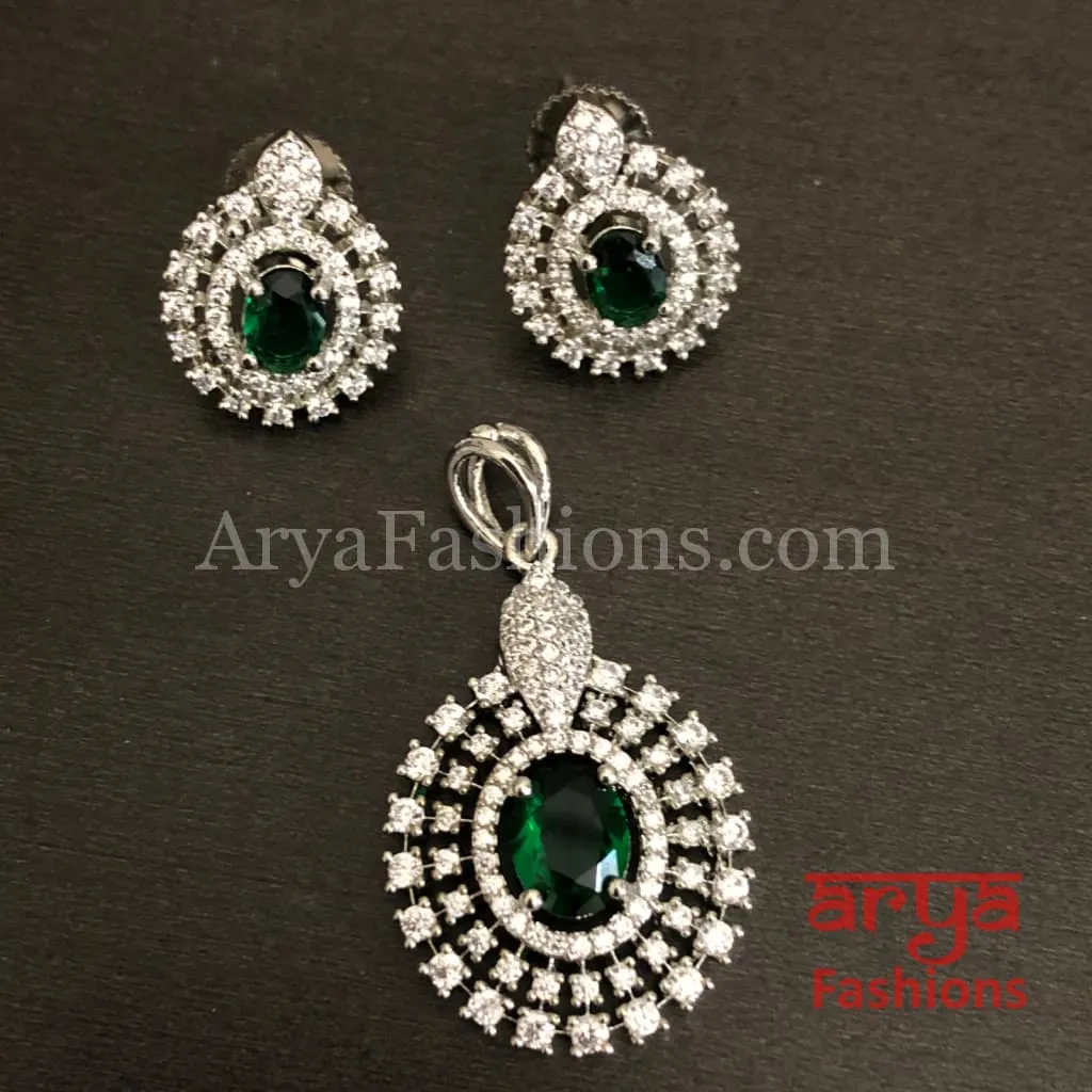 Sahi Silver Cubic Zirconia Ethnic Pendant with Stud Earrings