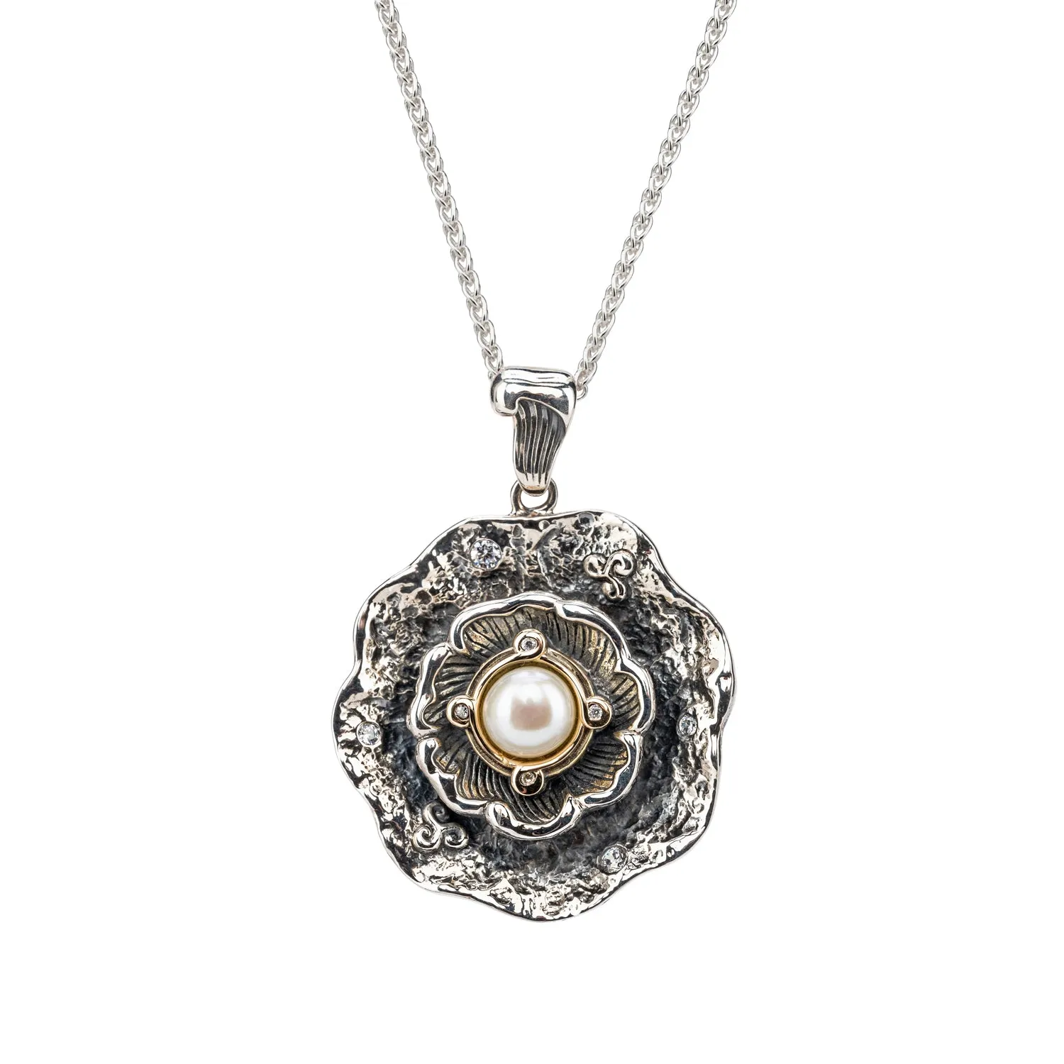 Silver and 10k Gold Aphrodite Open Shell Pendant - White Fresh Water Pearl