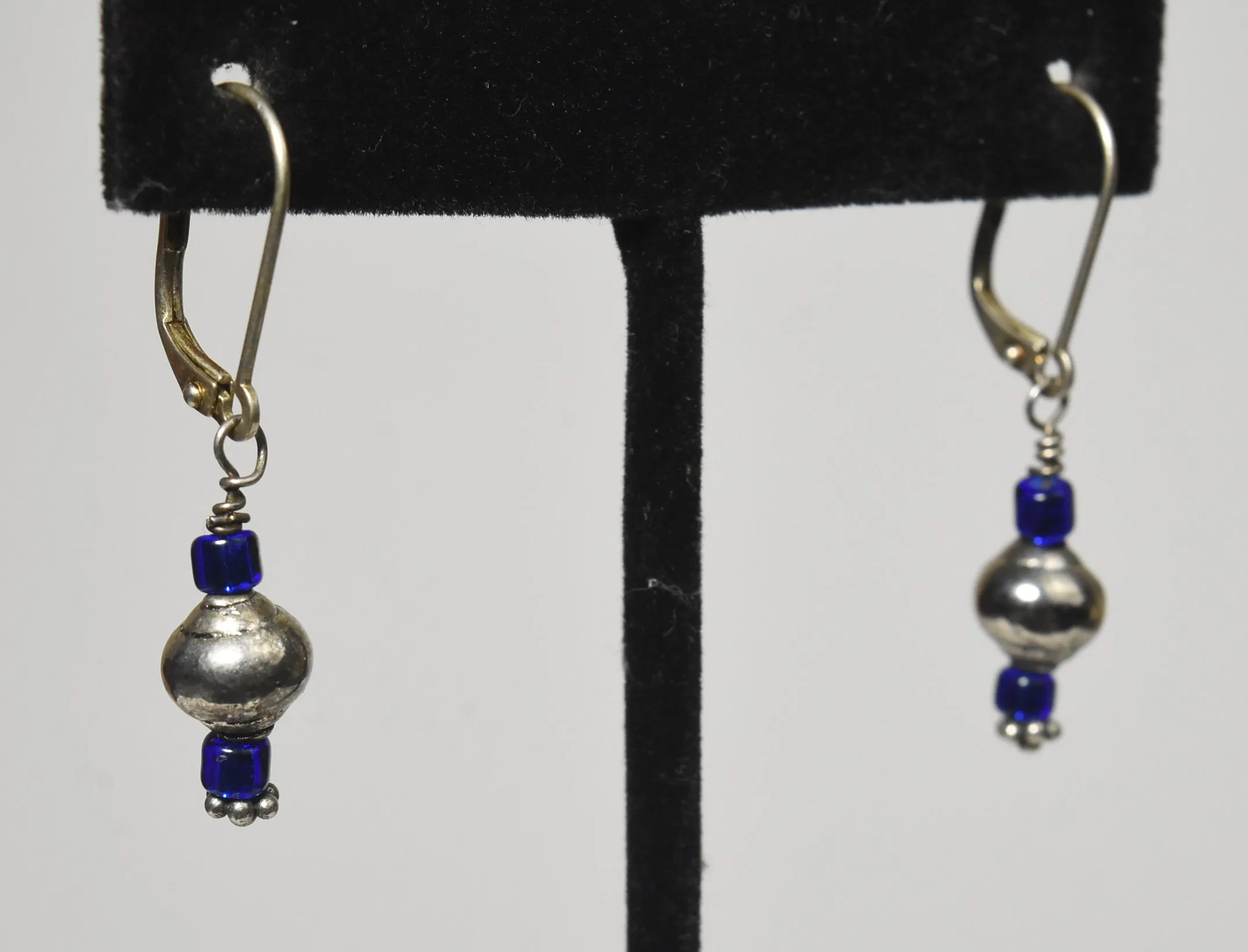 Silver and Blue Bead Dangle Earrings