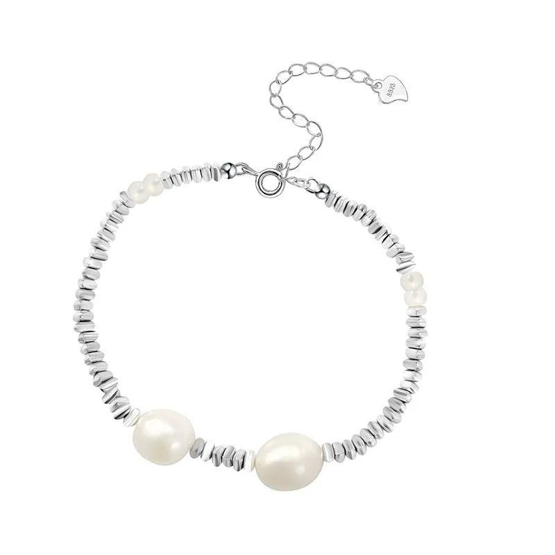 Silver Blocks Chain Baroque Pearl Bracelet