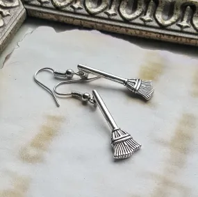 Silver Broom Earrings Handmade Yule Gift for Wiccan