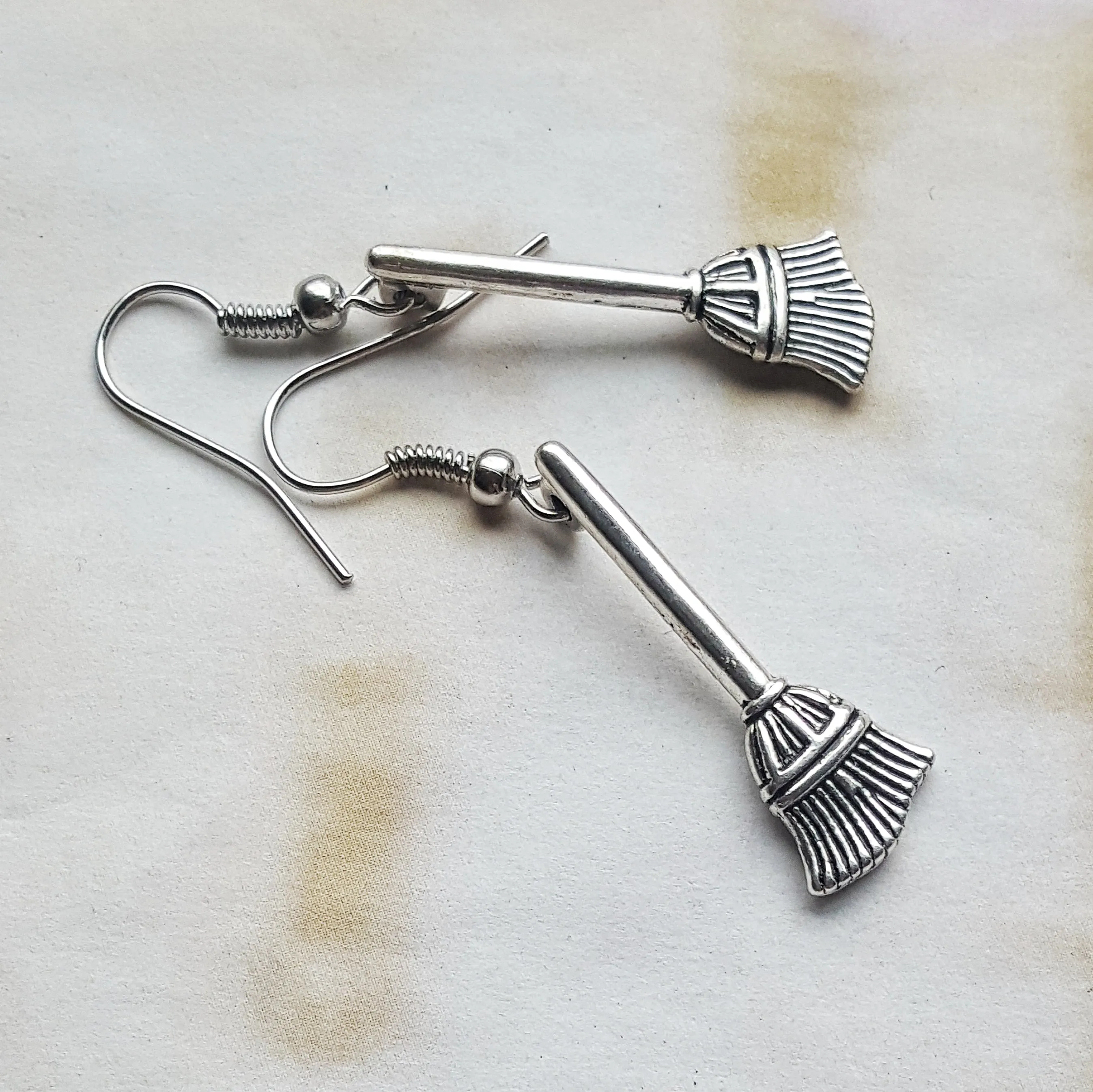 Silver Broom Earrings Handmade Yule Gift for Wiccan