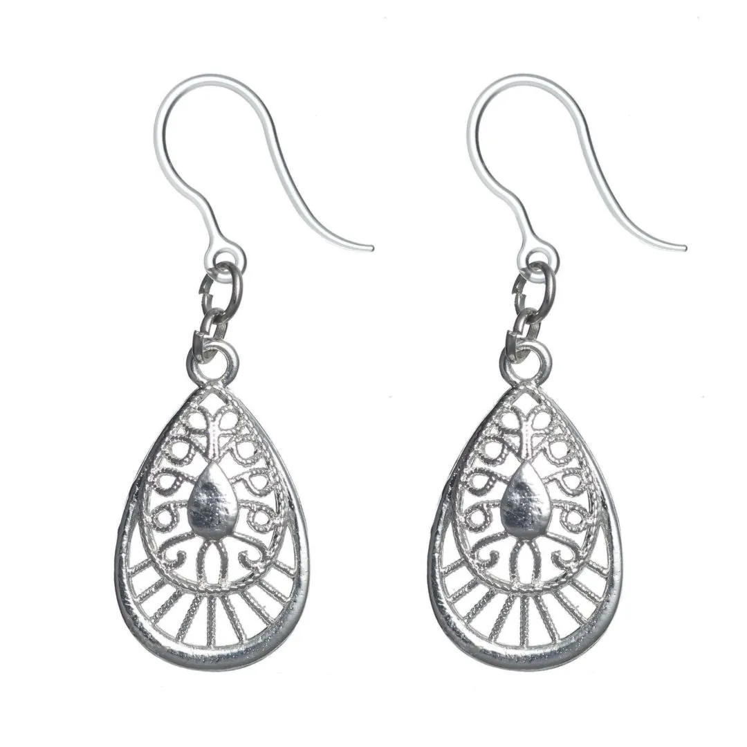 Silver Decorative Teardrop Dangles Hypoallergenic Earrings for Sensitive Ears Made with Plastic Posts