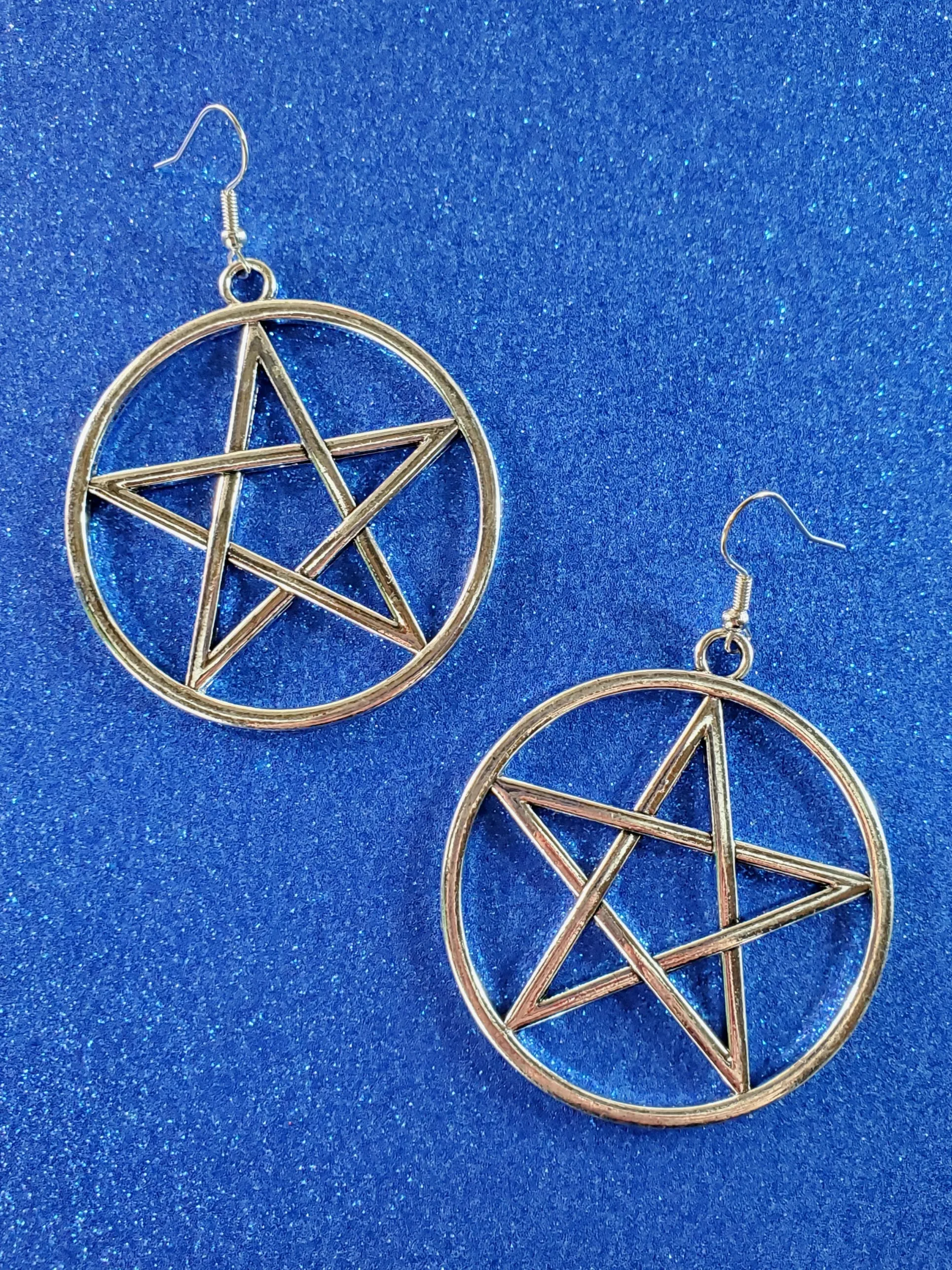 Silver Metal Pentacle Dangle Earrings