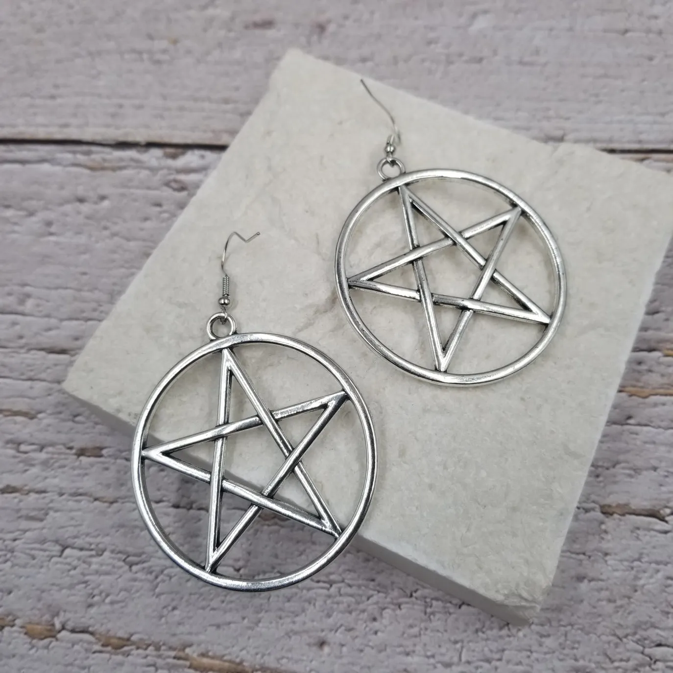 Silver Metal Pentacle Dangle Earrings