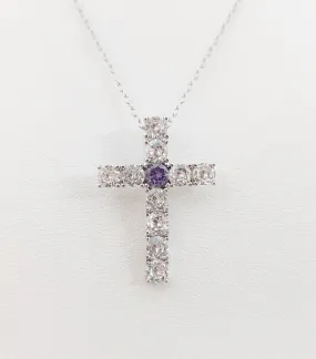 Silver Simulated Amethyst/Diamond Cross Pendant