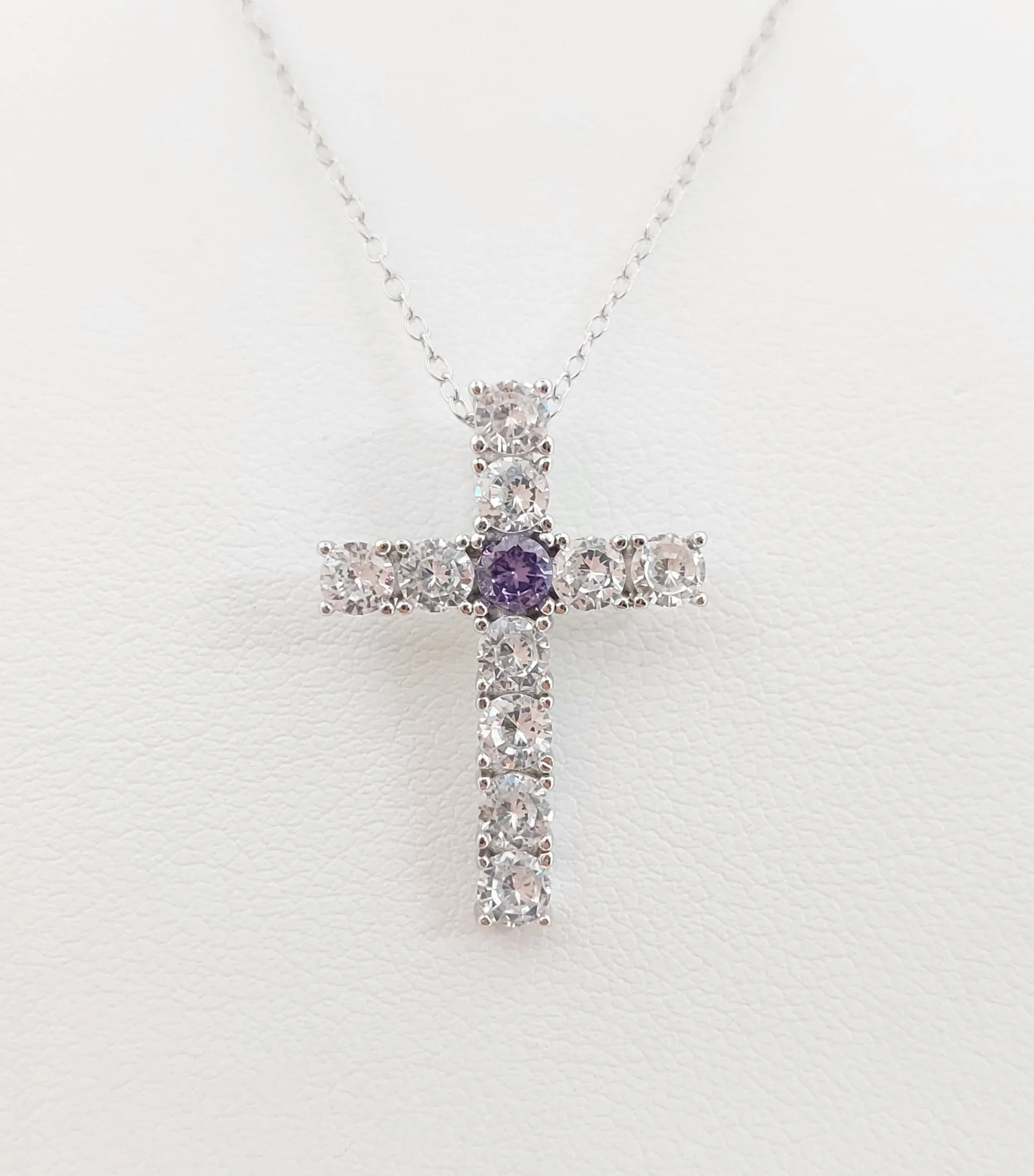 Silver Simulated Amethyst/Diamond Cross Pendant