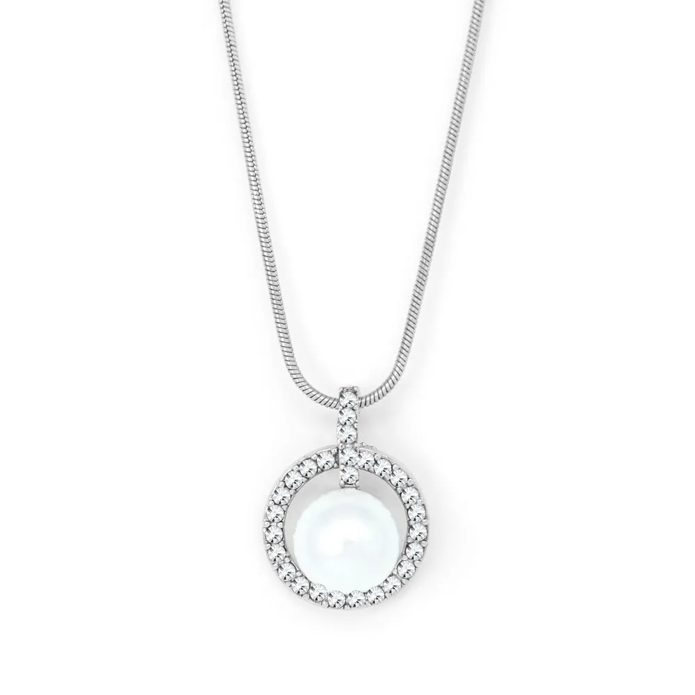 Silver tone round pendant with pearl and clear crystals