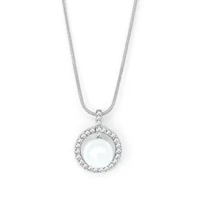 Silver tone round pendant with pearl and clear crystals