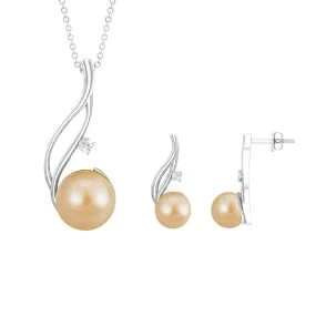 Simple South Sea Pearl Leaf Jewelry Set with Diamond