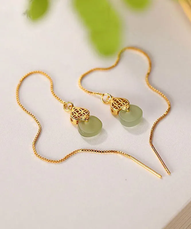 Skinny Gold Sterling Silver Overgild Inlaid Jade Gourd Drop Earrings