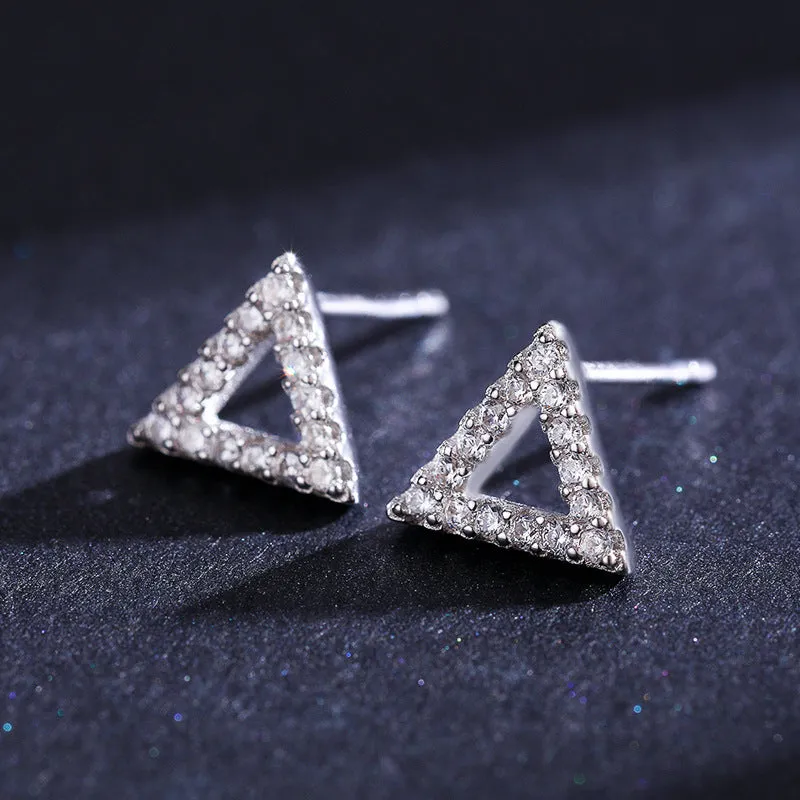 Small Sterling Silver Triangle Earrings with Micro Inlaid Zircon for Women