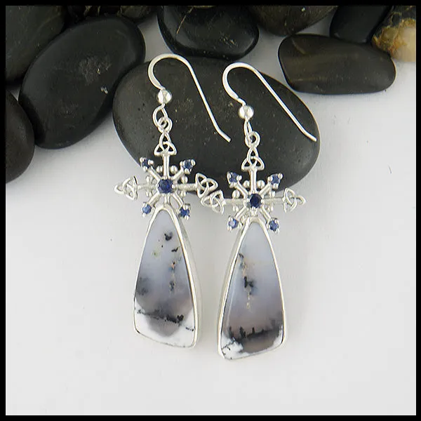 Snowflake Dendritic Opal Earrings with Sapphires