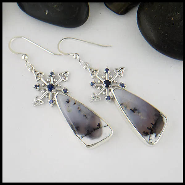 Snowflake Dendritic Opal Earrings with Sapphires