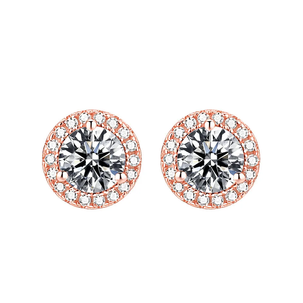 Soleste Halo Round Zircon Silver Studs Earrings for Women