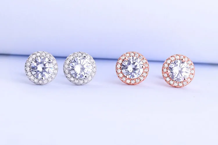 Soleste Halo Round Zircon Silver Studs Earrings for Women