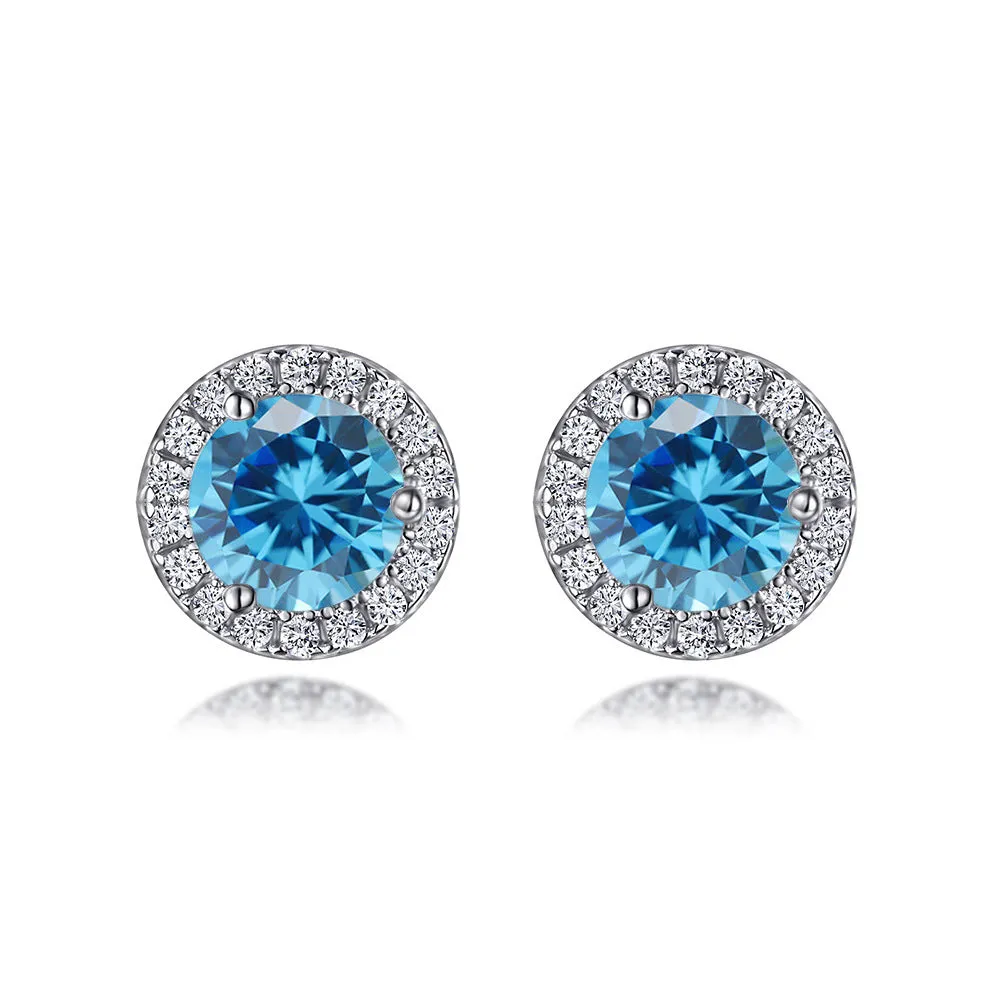 Soleste Halo Round Zircon Silver Studs Earrings for Women