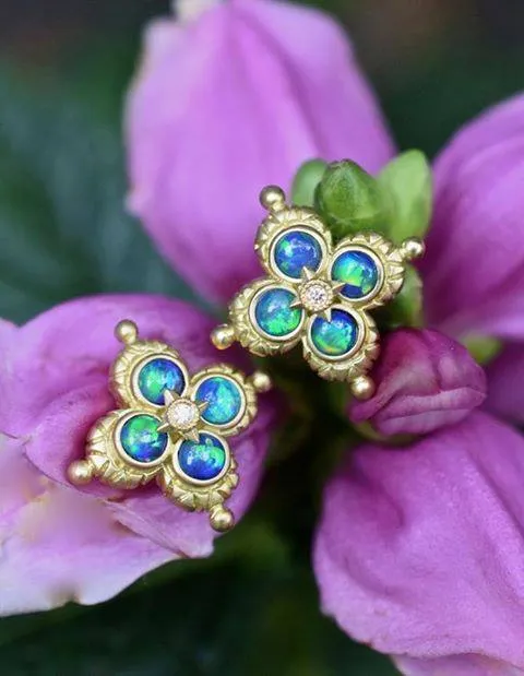 Special Order Lotus Earrings – Diamond & Opal