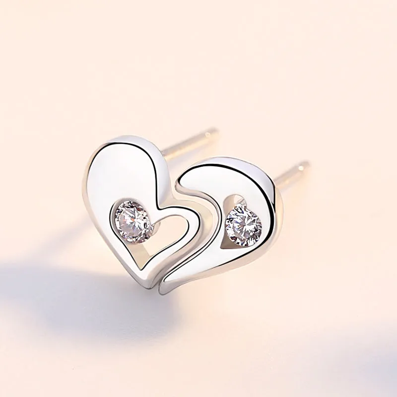 Splice Heart with Zircon Silver Studs Earrings for Women