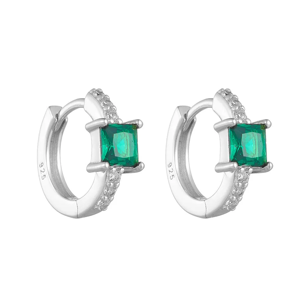 Square Green Zircon Sterling Silver Hoop Earrings