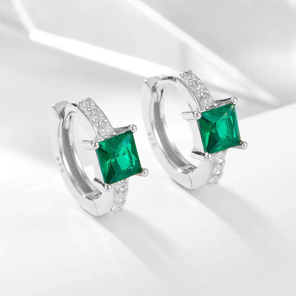 Square Green Zircon Sterling Silver Hoop Earrings