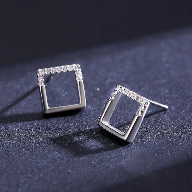 Square Niche Design Sterling Silver Ear Studs with Zircon Detail