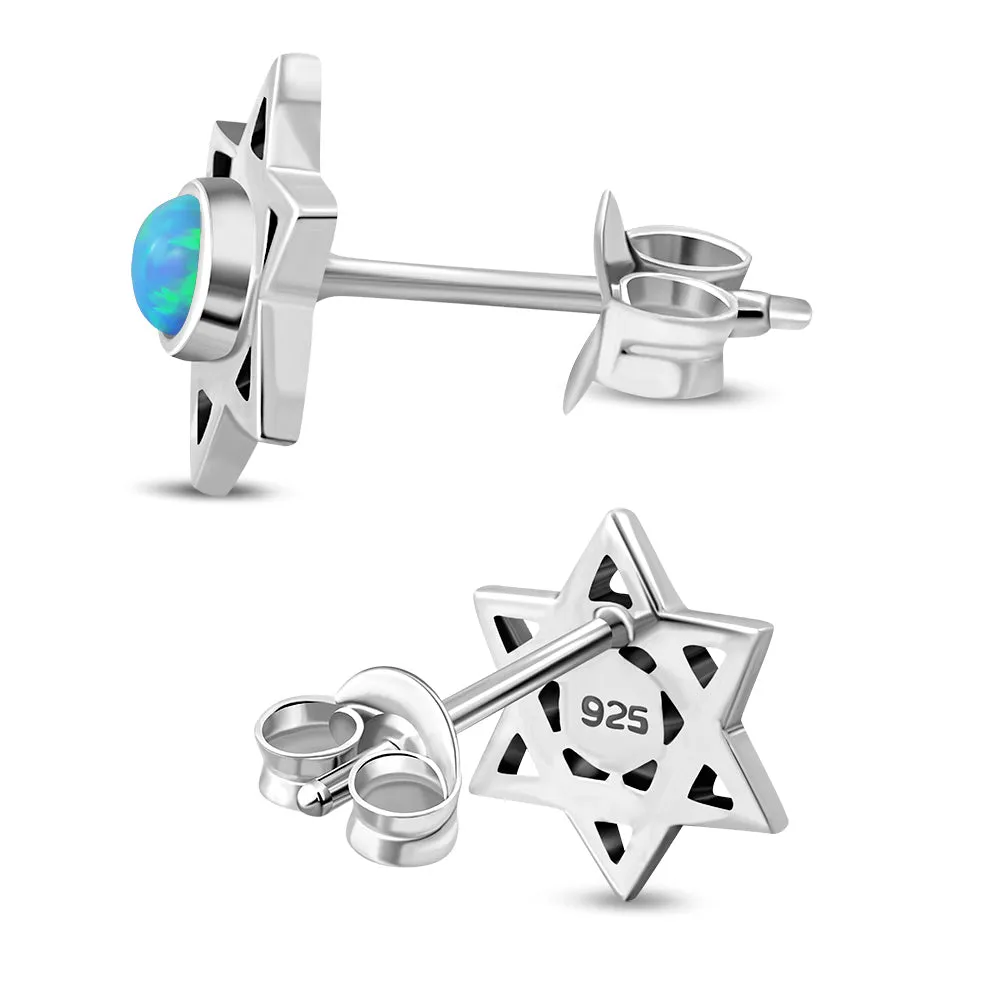 Star Of David Jewish Judaica 925 Sterling Silver Stud Earrings With Synthetic Blue Opal