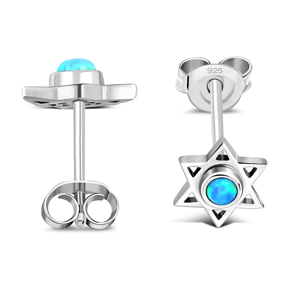 Star Of David Jewish Judaica 925 Sterling Silver Stud Earrings With Synthetic Blue Opal