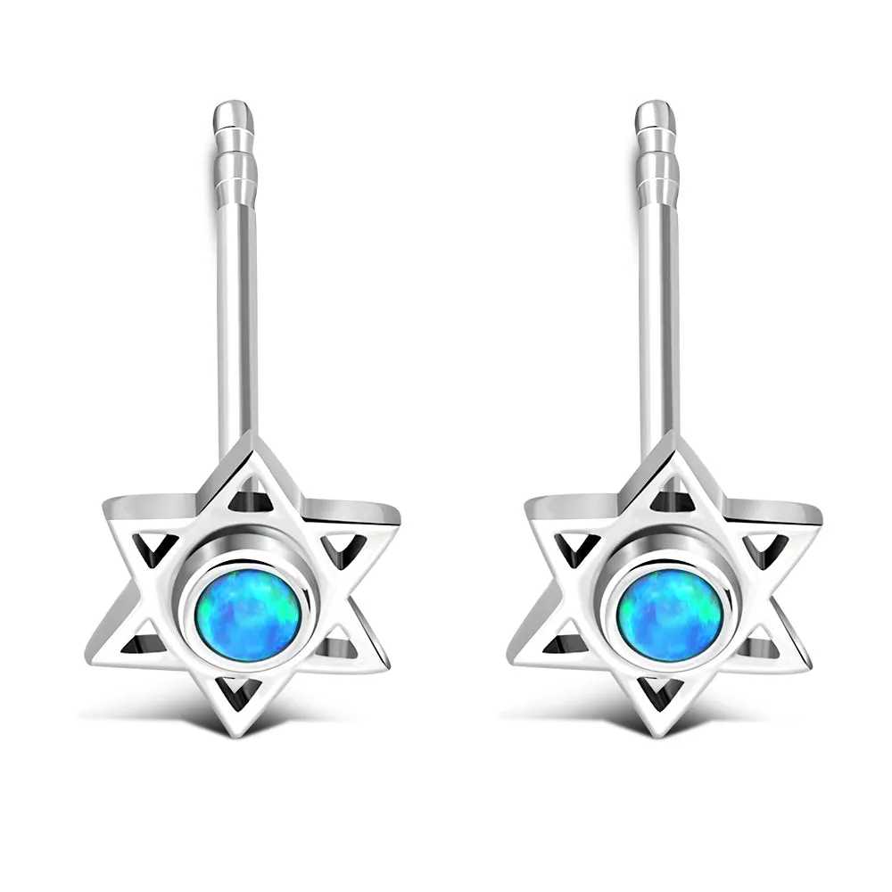 Star Of David Jewish Judaica 925 Sterling Silver Stud Earrings With Synthetic Blue Opal