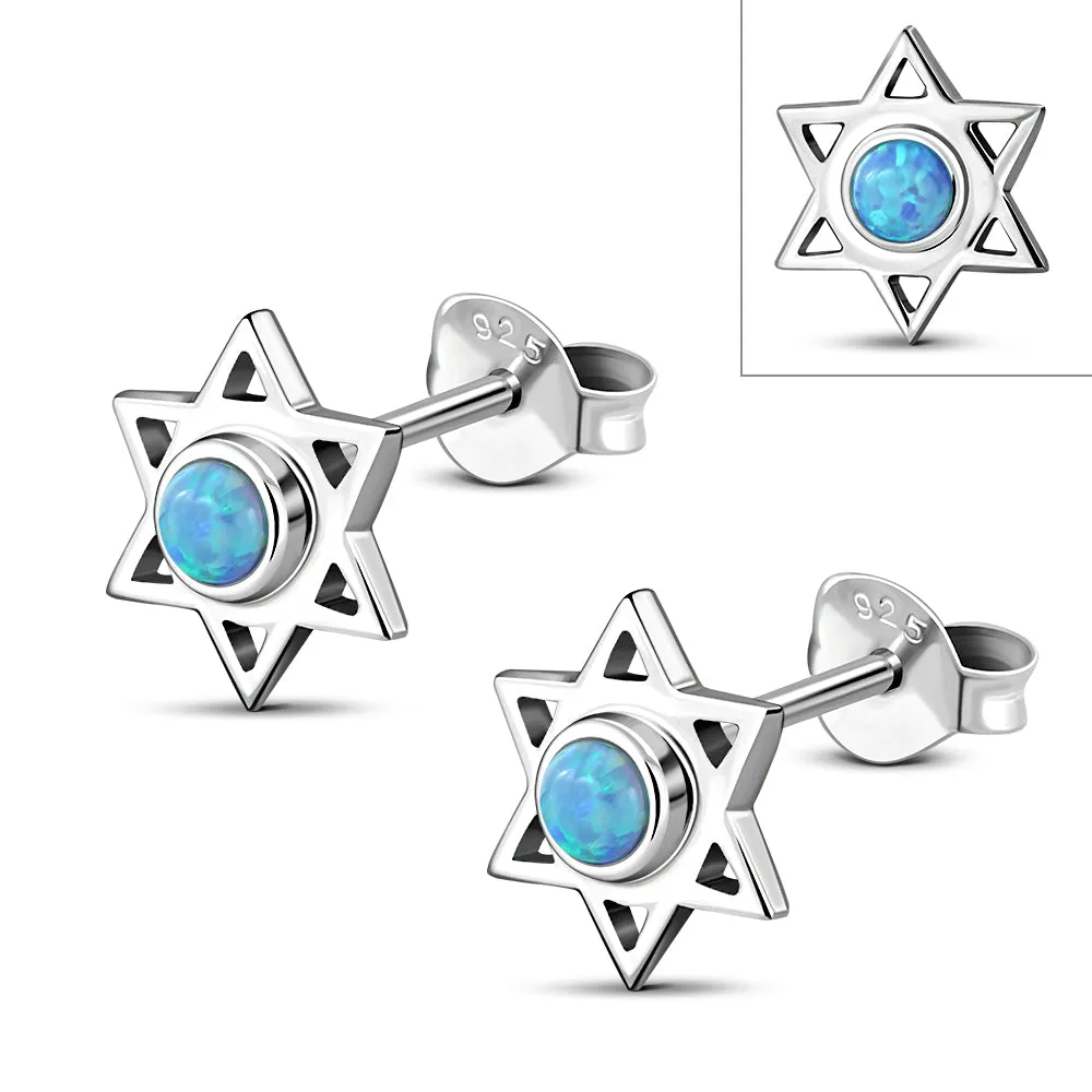 Star Of David Jewish Judaica 925 Sterling Silver Stud Earrings With Synthetic Blue Opal