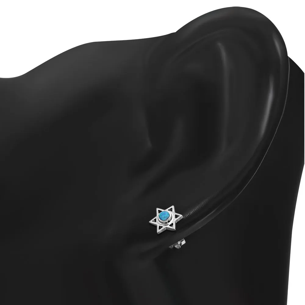 Star Of David Jewish Judaica 925 Sterling Silver Stud Earrings With Synthetic Blue Opal