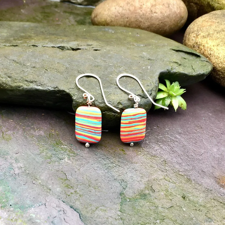 Sterling silver and multicoloured striped stone earrings