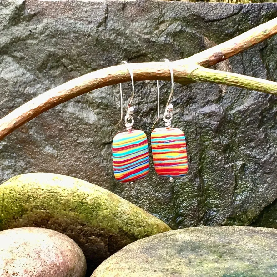 Sterling silver and multicoloured striped stone earrings