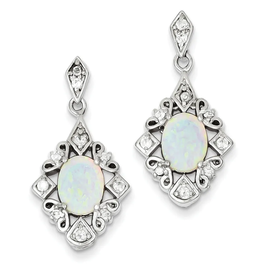 Sterling Silver Created Opal Oval And CZ Dangle Post Earrings