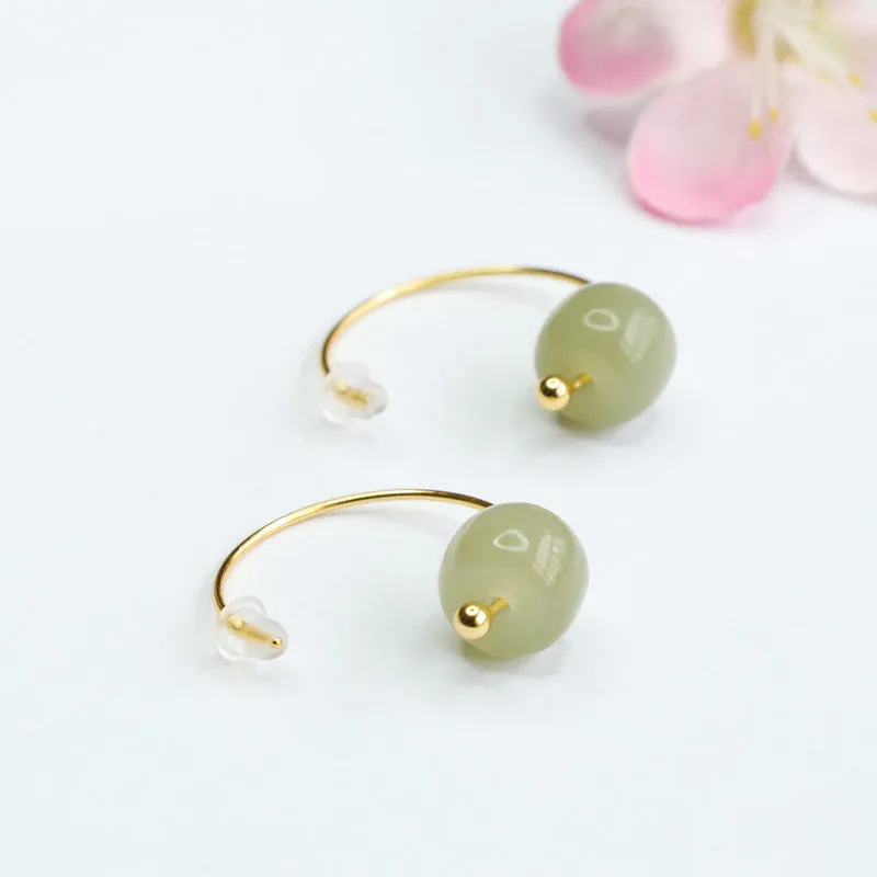 Sterling Silver Earrings with Natural Hetian Jade Inlaid Ear Hooks