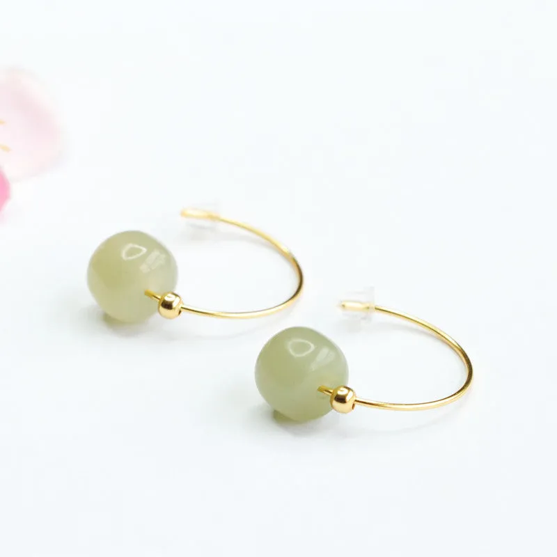 Sterling Silver Earrings with Natural Hetian Jade Inlaid Ear Hooks