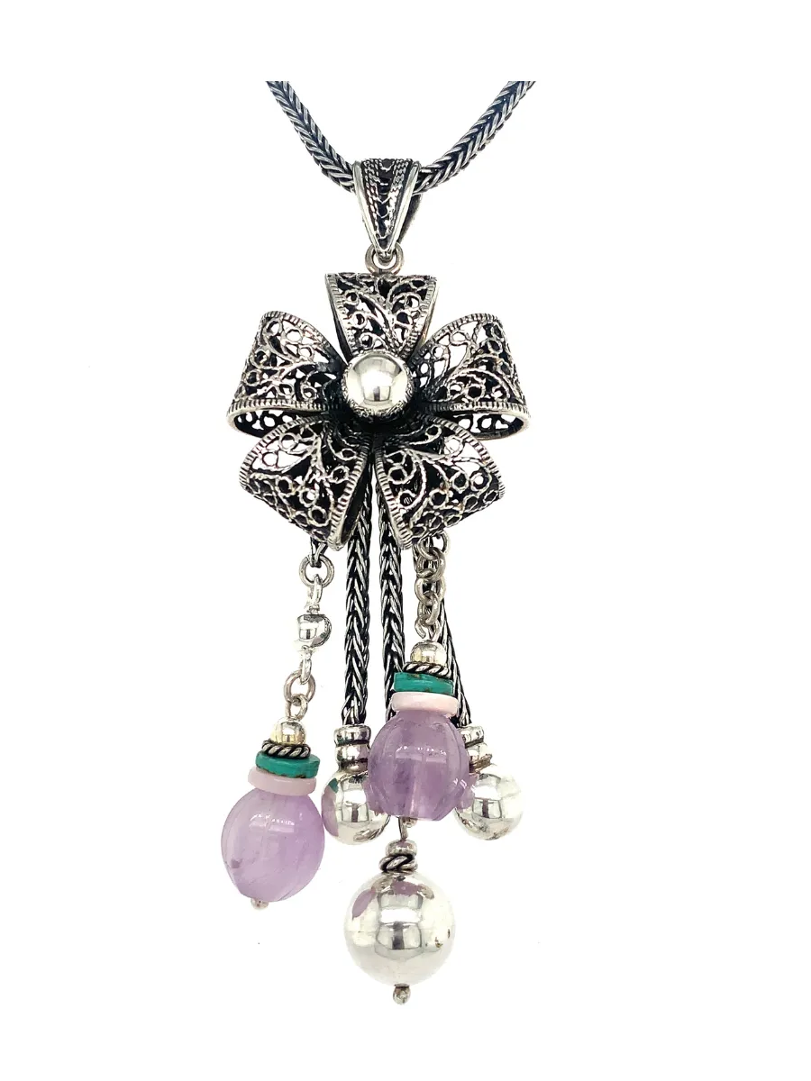 Sterling Silver Filigree Flower & Amethyst Balls Necklace