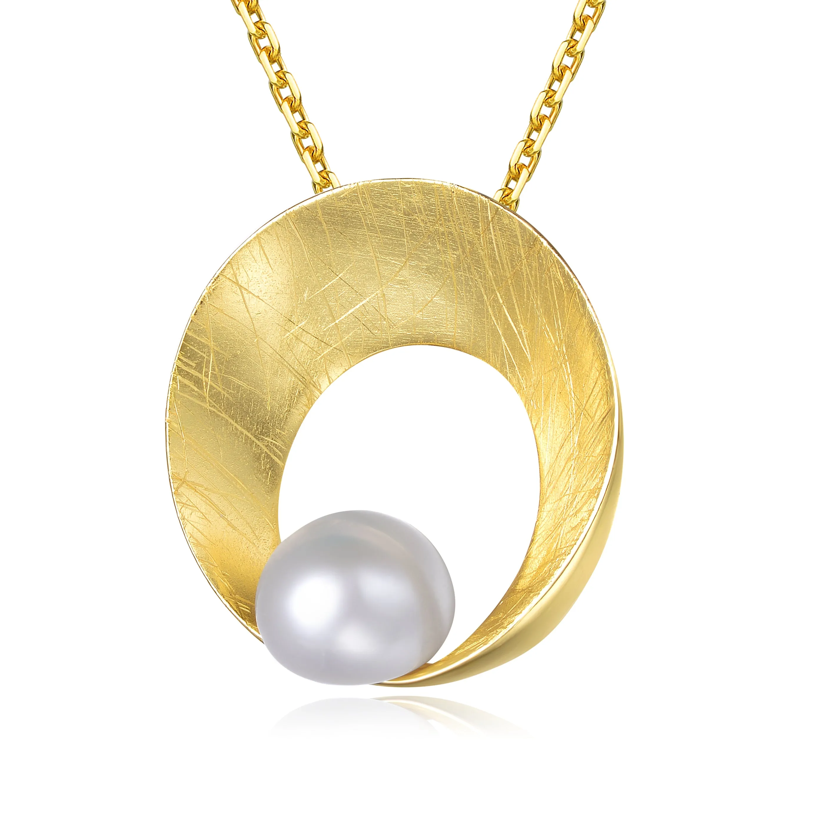 Sterling Silver Gold Plated with Genuine Freshwater Pearl Round Pendant Necklace