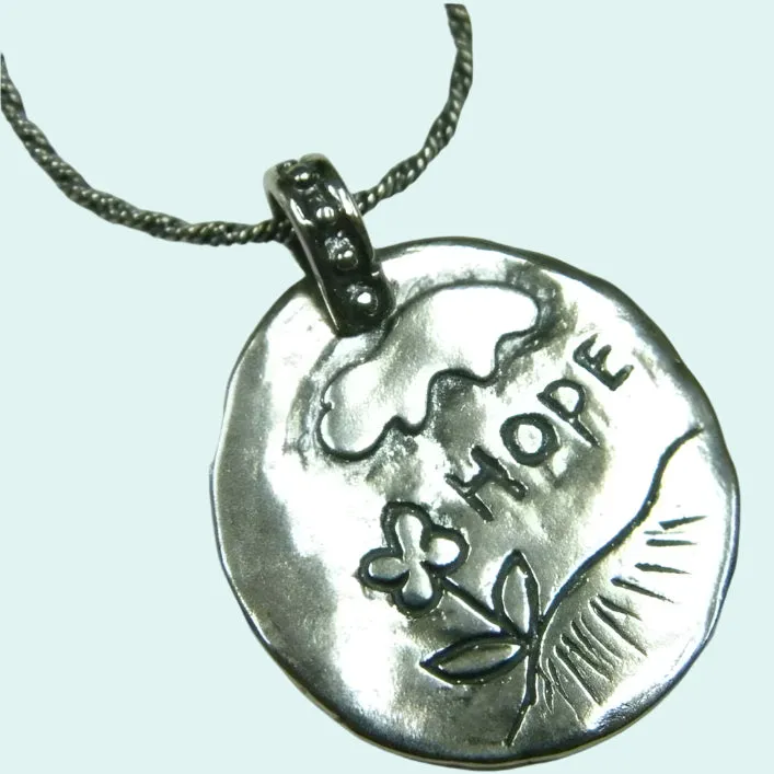 Sterling Silver necklace engraved "hope" flower drawing jewelry