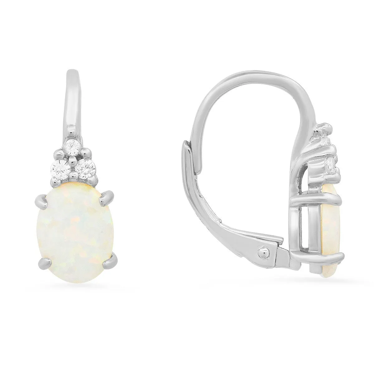 Sterling Silver Opal & CZ Leverback Earrings